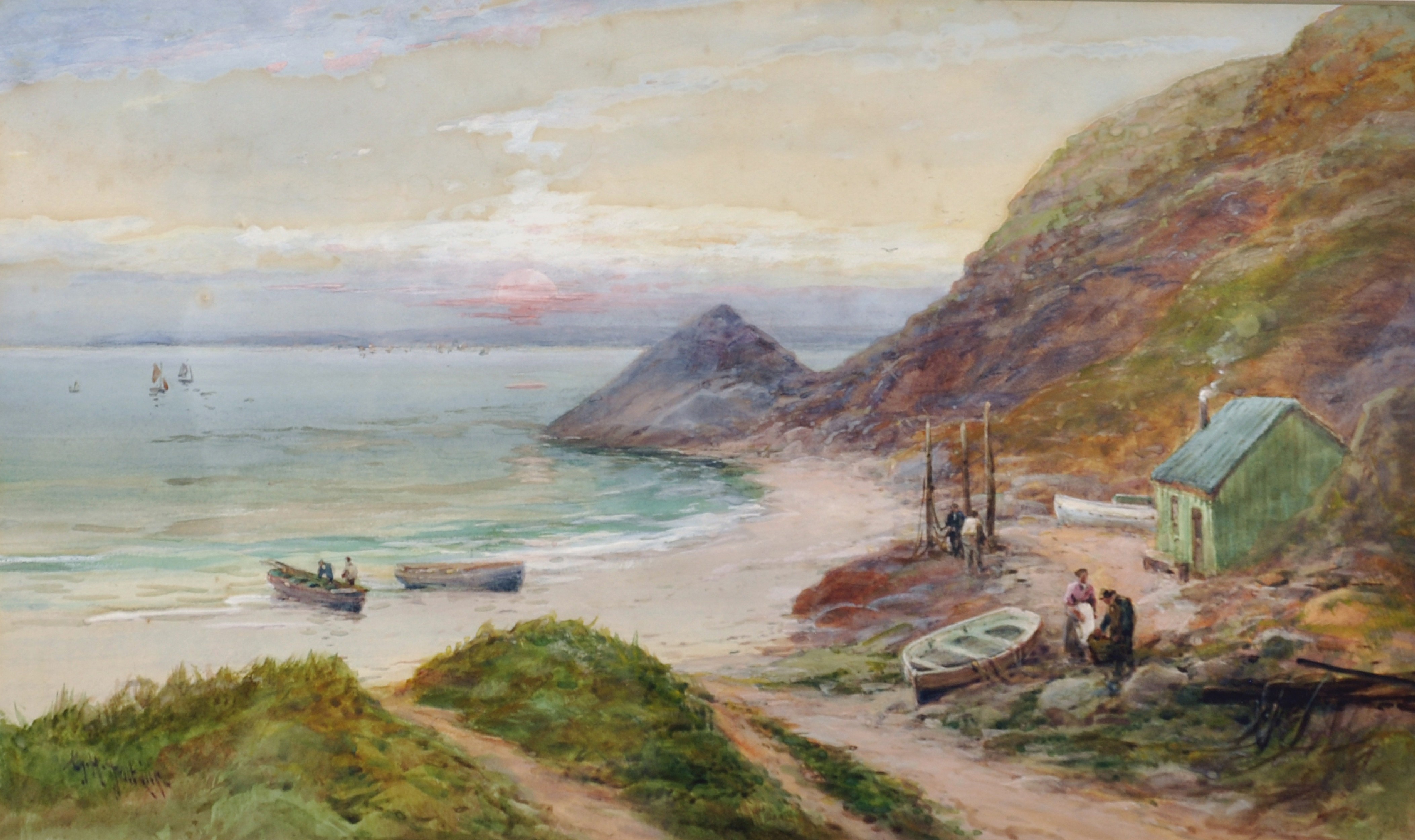 George Henry Jenkins (1843-1914) British. A Coastal Scene, with Figures on the Shore, Watercolour,