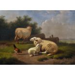 Joseph van Dieghem (1843-1885) Dutch. A Landscape, with Sheep and a Chicken, Oil on Panel, Signed,