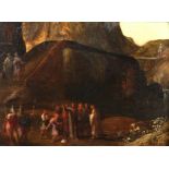 17th Century Northern European School. Figures by a Stone Bridge, Oil on Panel, 11.5" x 16".