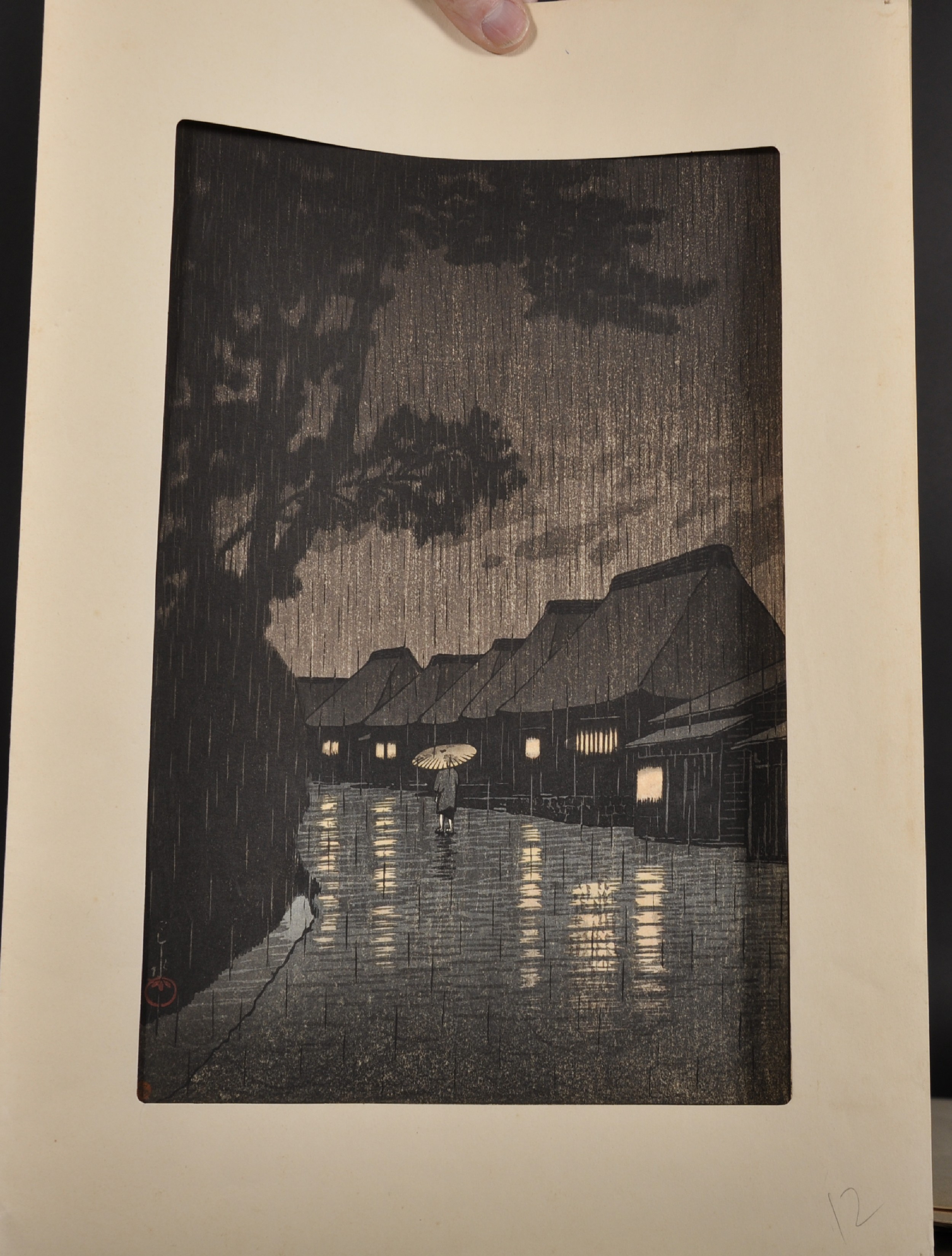 Kawase Bunjiro Hasui (1883-1957) Japanese. "Rain in Maekawa, Soshu", Woodcut, with Stamp, - Image 2 of 4