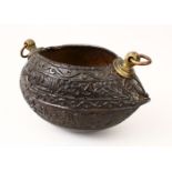 A GOOD 19TH CENTURY ISLAMIC COCO KASHKOOL, carved with Islamic calligraphy and scroll decoration