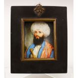 A GOOD 19TH CENTURY OR EARLIER OTTOMAN MINIATURE PAINTING OF A FIGURE, 13cm high, 11cm wide.