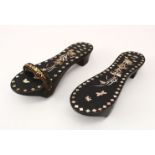 A PAIR OF 19TH CENTURY CHINESE WOODEN AND MOTHER OF PEARL LADIES SHOES, inlaid with mother of