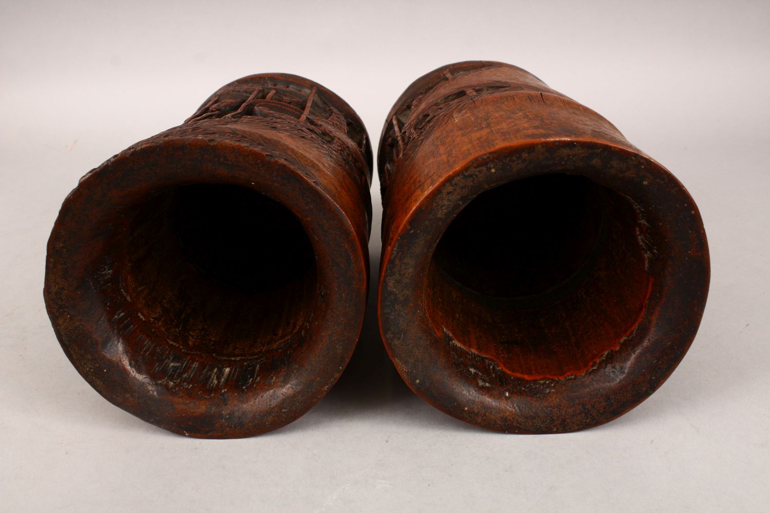 A GOOD PAIR OF 19TH CENTURY CHINESE BAMBOO BRUSH POTS, each decorated in relief to depict working - Image 16 of 18