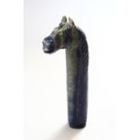 A GOOD 19TH / 20TH CENTURY INDIAN MUGHAL CARVED LAPIS STONE HORSE HEAD HANDLE, carved well to depict