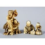 TWO JAPANESE MEIJI PERIOD CARVED IVORY OKIMONO / NETSUKE, the first being a netsuke; a japanese