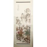A GOOD CHINESE HANGING SCROLL PAINTING OF A LANDSCAPE, the paining depicting scenes of a native
