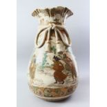 A LARGE JAPANESE MEIJI PERIOD SATSUMA VASE IN THE FORM OF A TIED SACK, the body of the large vase