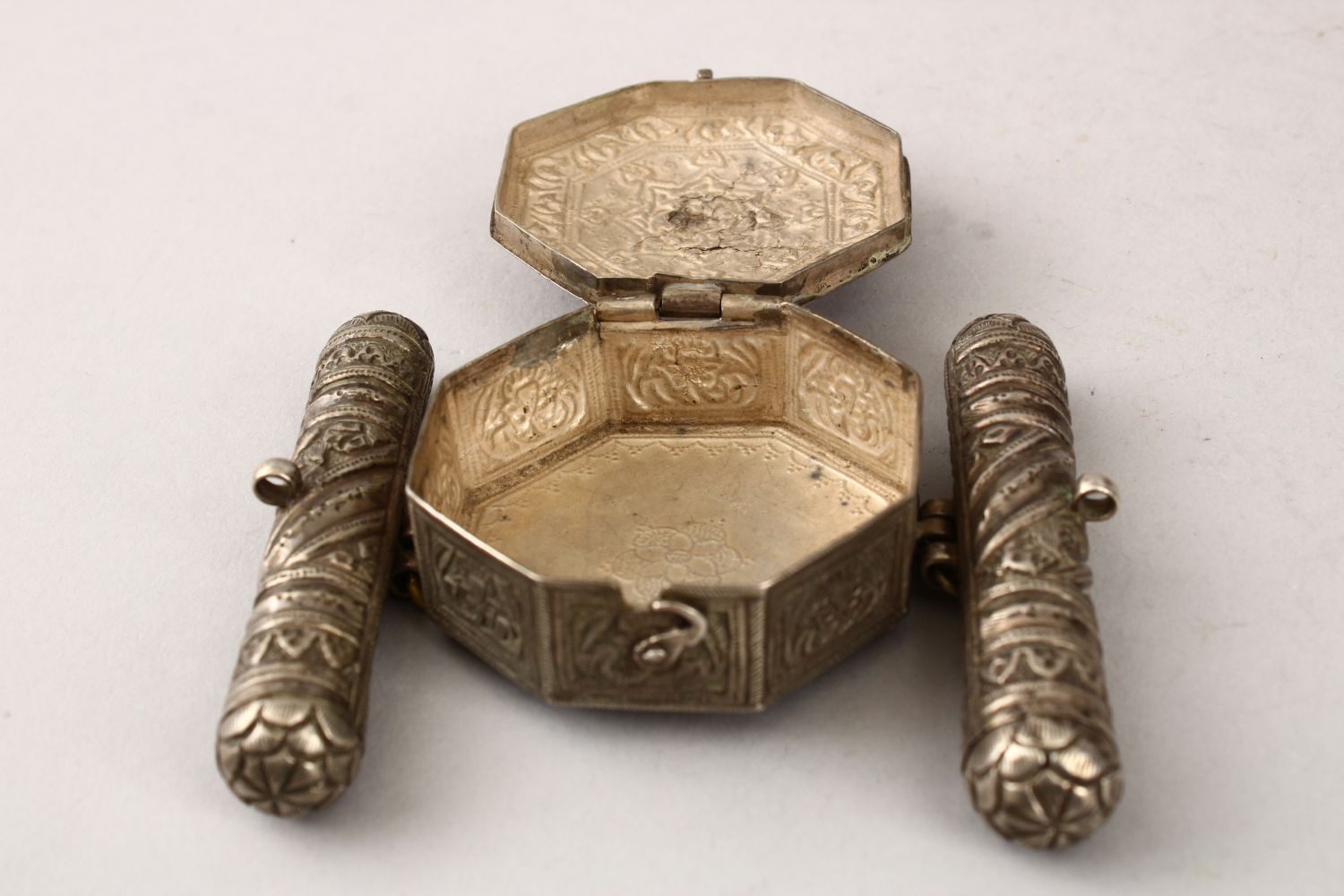 A GOOD CAUCASIAN SILVER BAZBAND AMULET CASE, with embossed decoration, 10cm x 8cm - Image 7 of 8