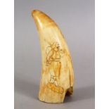 A GOOD 19TH CENTURY ISLAMIC MARINE TOOTH, carved with a FIGURE, 11cm