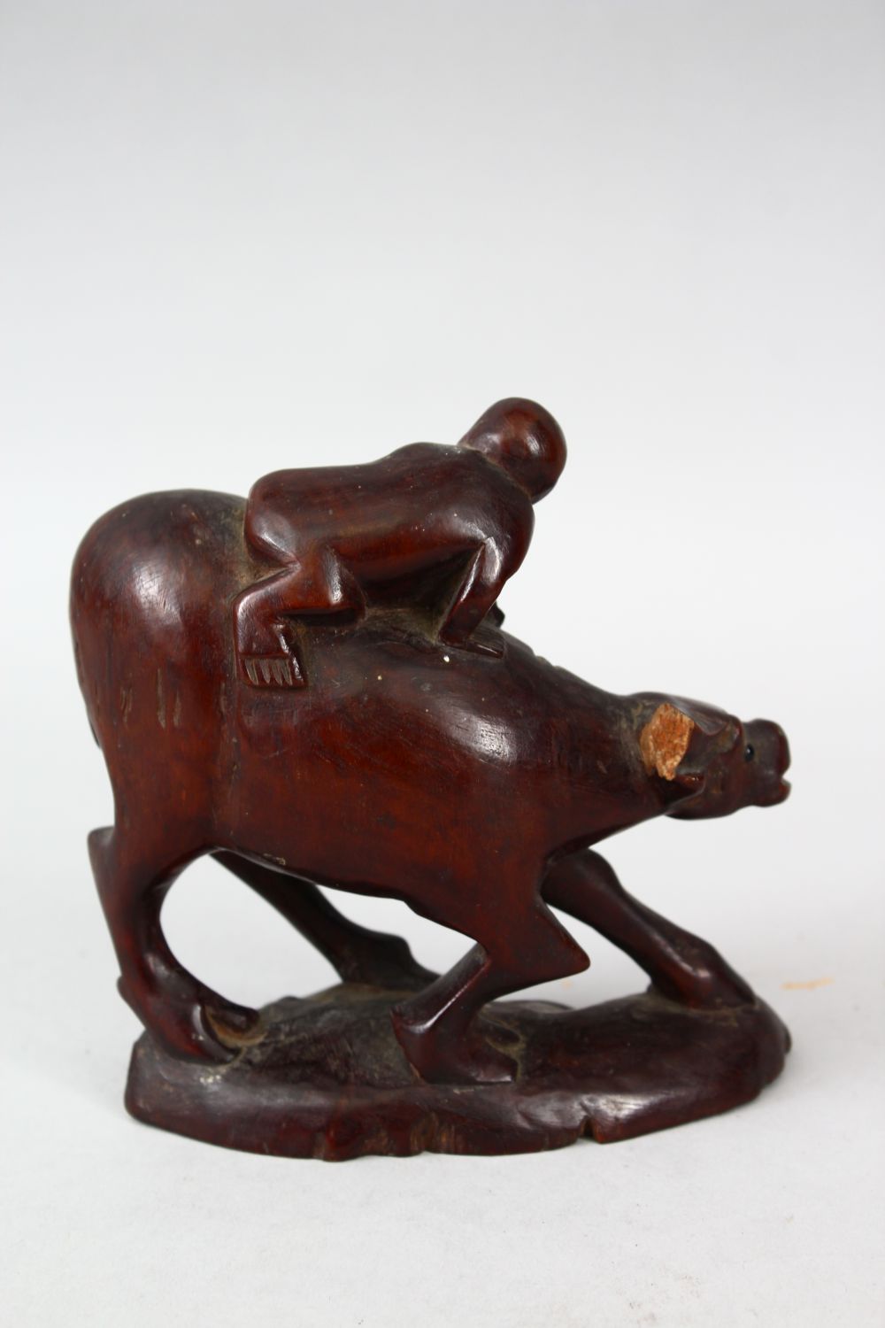 A 19TH CENTURY CHINESE CARVED CHERRYWOOD FIGURE OF AN OXEN & BOY, the boy riding upon the back of - Image 4 of 8