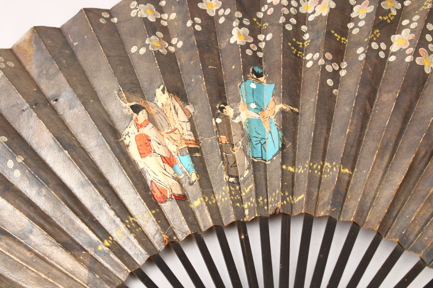 THREE JAPANESE MEIJI PERIOD LACQUER & PAINTED PAPER FANS, each painted to depict figures amongst - Image 4 of 13