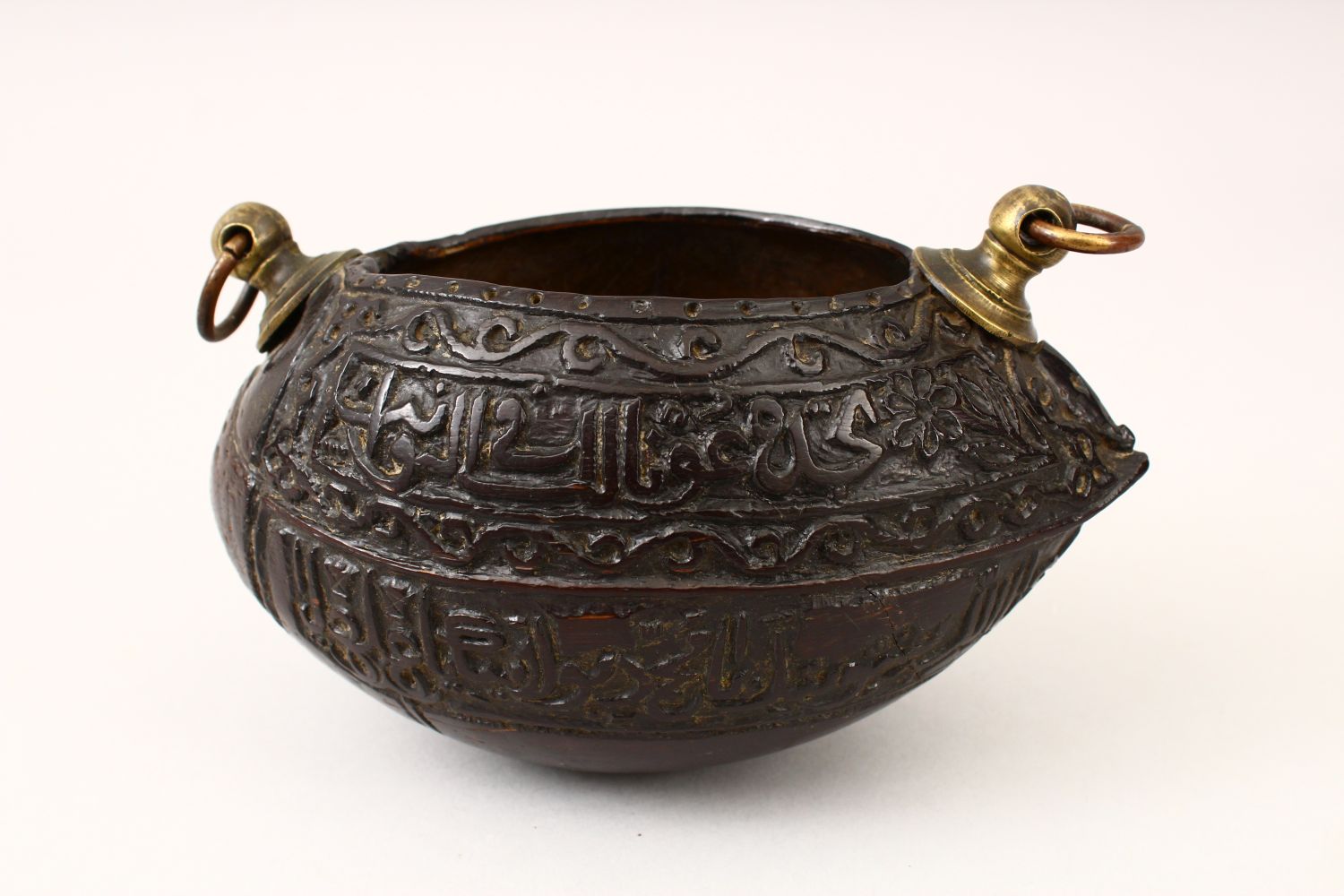 A GOOD 19TH CENTURY ISLAMIC COCO KASHKOOL, carved with Islamic calligraphy and scroll decoration - Image 4 of 14