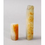TWO GOOD CHINESE CARVED JADE ITEMS, one carved as a cylindrical spacer, 3.5cm, Also with a carved