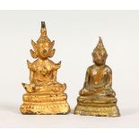 TWO EARLY EASTERN BRONZE FIGURES OF BUDDAH, one gilt bronze, both in seated meditating position, 8cm