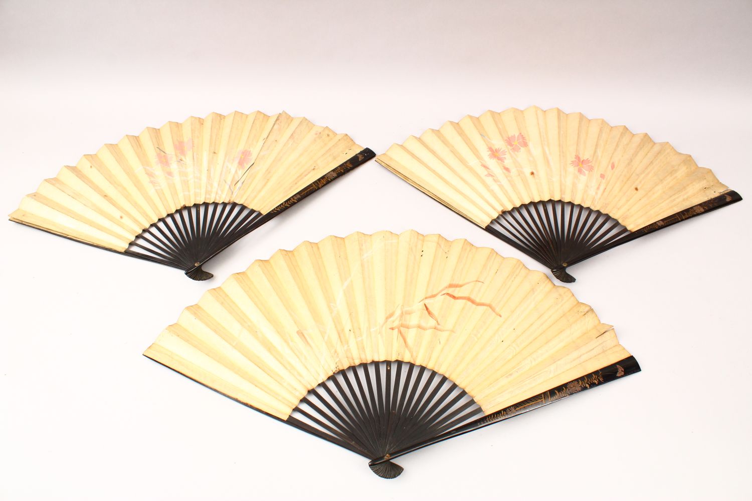 THREE JAPANESE MEIJI PERIOD LACQUER & PAINTED PAPER FANS, each painted to depict figures amongst - Image 12 of 13