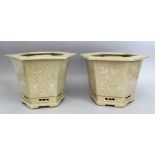 A GOOD PAIR OF 18TH / 19TH CENTURY CHINESE CELADON CARVED PORCELAIN HEXAGONAL PLANT POTS /
