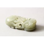 A GOOD QUALITY CHINESE CARVED JADE / HARD STONE FIGURE OF A MONKEY AND BATS AMONGST FRUITS AND