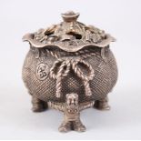 A SMALL ORIENTAL BRONZE LIDDED CENSER / KORO, the feet formed from three boys holding a sack, the