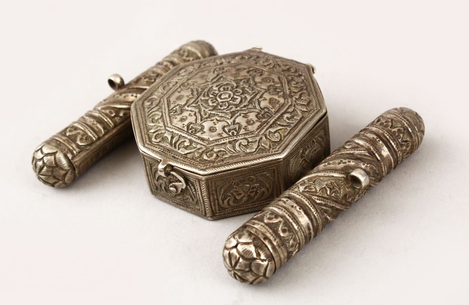 A GOOD CAUCASIAN SILVER BAZBAND AMULET CASE, with embossed decoration, 10cm x 8cm