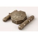 A GOOD CAUCASIAN SILVER BAZBAND AMULET CASE, with embossed decoration, 10cm x 8cm