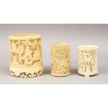 THREE 19TH CENTURY CHINESE CARVED IVORY TUSK VASE SECTION, the larger with carved and pierced