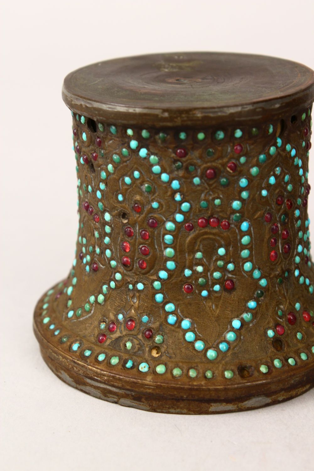 THREE 19TH PERSIAN QAJAR ISLAMIC HUQQA TOPS, all inlaid with turquoise beads, two with garnets, 7. - Image 3 of 12
