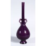 A GOOD CHINESE KANGXI PERIOD AUBERGINE GROUND PORCELAIN VASE, the vase with twin chilong handles,