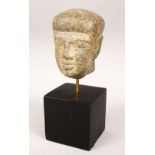 AN EGYPTIAN CARVED HARDSTONE HEAD on a wooden base, 25cm high on stand, stone head 12cm high.