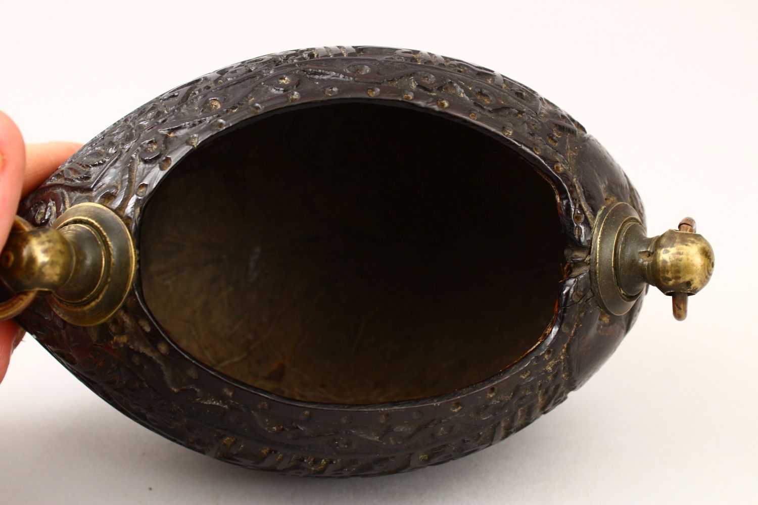 A GOOD 19TH CENTURY ISLAMIC COCO KASHKOOL, carved with Islamic calligraphy and scroll decoration - Image 12 of 14