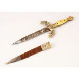A GOOD 19TH CENTURY SPANISH TOLIDO INLAID KNIFE, the handle formed from horn, engraved and enamelled