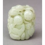 A GOOD 19TH CENTURY CHINESE CARVED CELADON JADE PEBBLE OF TWO BOYS, carved to depict two laughing
