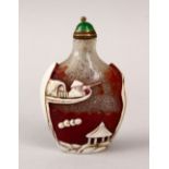 A 19TH / 20TH CENTURY CHINESE PEKING GLASS SNUFF BOTTLE, depicting in white a figure amongst