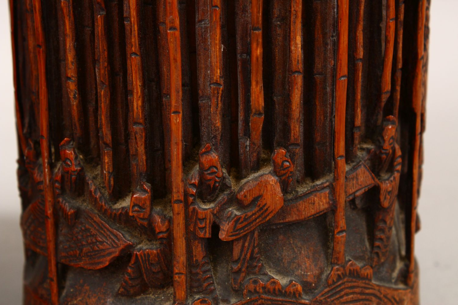A GOOD PAIR OF 19TH CENTURY CHINESE BAMBOO BRUSH POTS, each decorated in relief to depict working - Image 6 of 18