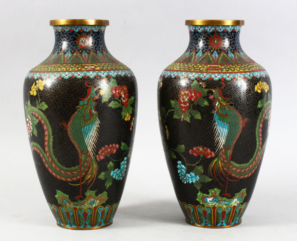 A PAIR OF 20TH CENTURY CHINESE CLOISONNE VASES, both decorated with scenes of phoenix birds