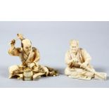 TWO GOOD JAPANESE MEIJI PERIOD CARVED IVORY OKIMONO, the fist of a barrel workman, seated working