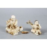 TWO JAPANESE MEIJI PERIOD CARVED IVORY OKIMONO, one carved to depict a seated artisan, the base with