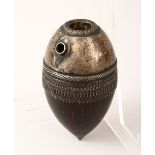 A GOOD 19TH CENTURY ISLAMIC COCO HUQQA, with white metal mounted top, further decorated with a