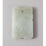 A GOOD CHINESE CARVED CELADON JADE PENDANT, carved to depict shou-lao holding his staff with