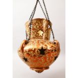 AN UNUSUAL 18TH CENTURY SPANISH LUSTREWARE HANGING PORCELAIN MOSQUE LAMP, decorated with gold scenes