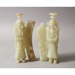 TWO GOOD CHINESE CARVED JADE / HARDSTONE FIGURES, each carved in archaic style, 14.5cm high