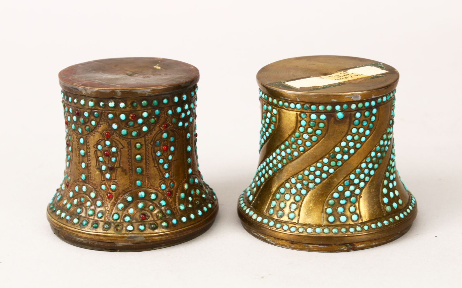 A PAIR OFF VERY FINE 19TH CENTURY PERSIAN QAJAR ISLAMIC HUQQA TOPS, both inset with turquoise - Image 2 of 10