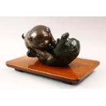 A GOOD JAPANESE MEIJI PERIOD BRONZE AKITA PUPPY OKIMONO GROUP, one puppy moddeled upon its back in a