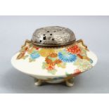 A JAPANESE MEIJI PERIOD SATSUMA LIDDED KORO, finely decorated with native floral decoration, twin