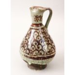 A 14TH/15TH CENTURY SYRIAN POTTERY JUG, with drip finished glaze at the base, with painted fish