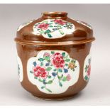 A GOOD 19TH CENTURY CHINESE FAMILLE ROSE CAFE AU LAIT PORCELAIN POT & COVER, the body with a cafe au