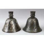 TWO 18TH / 19TH CENTURY INDIAN DECCANI BIDRI HUQQA BASES, both inlaid with floral silver decoration,