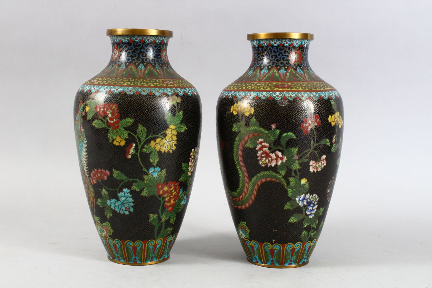 A PAIR OF 20TH CENTURY CHINESE CLOISONNE VASES, both decorated with scenes of phoenix birds - Image 11 of 14