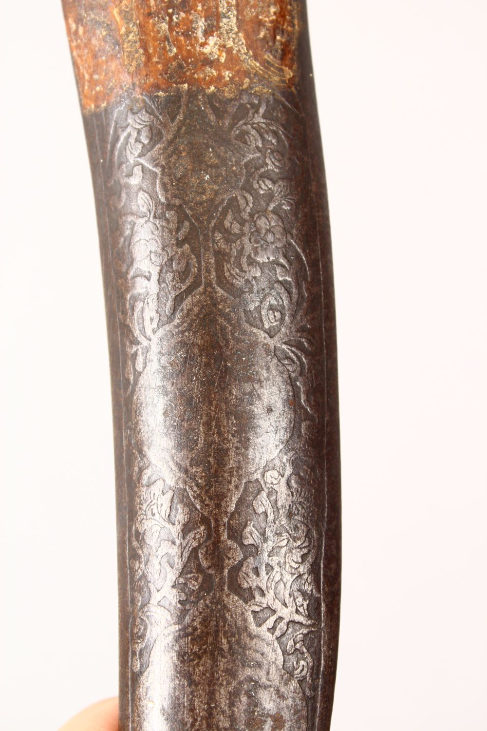 AN EARLY QAJAR STEEL DAGGER, the sheath carved with scrolling foliage, the blade with traces of - Image 10 of 11