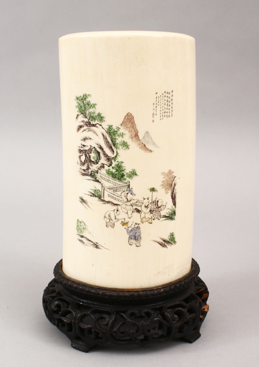 A GOOD CHINESE REPUBLIC PERIOD CARVED IVORY TUSK VASE ON STAND, the vase decorated with scenes of - Image 2 of 15